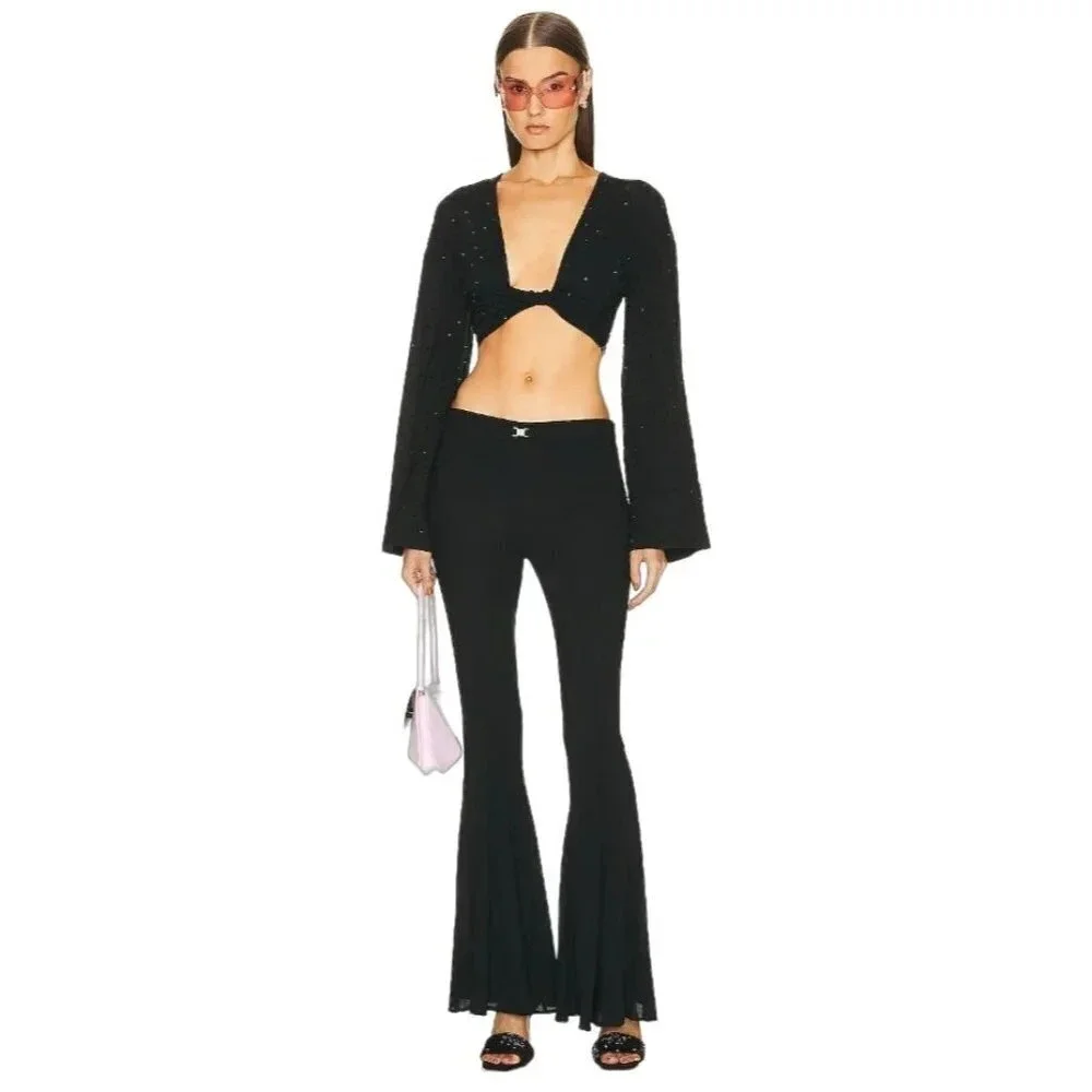 Blumarine Hot Fix Crystal Long Sleeve Crop Top in Nero Black 38 2 Womens Cropped